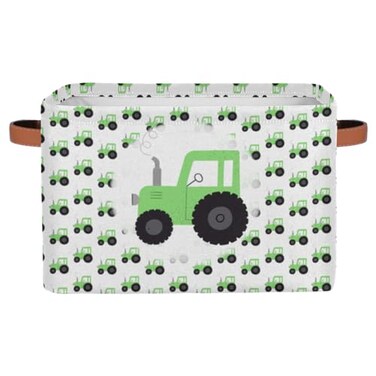 OMFUNS Truck Car Storage Basket Green Tractor Foldable Storage Bin with Handle Fabric Rectangular Storage Box Organizer for Closet Shelf Home Office Nursery Toy Basket 1 Pack