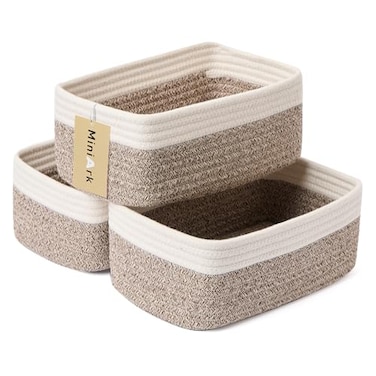 MiniArk Small Storage Baskets for Organizing Closet Organizer Bins Shelf Toy Basket Woven Rope Baskets Cube Decorative Box Shallow Basket 115x75x47 3 Packs White Brown