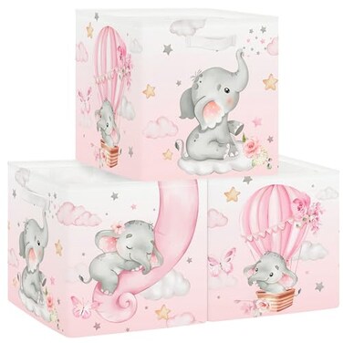 Clastyle 3 pcs Dreamy Animal Cube Storage Unit Boxes Foldable Kallax Box for Shelves Parents Storage Baskets for Book Clothes Toy Organizer Elephant 118x118x118 in