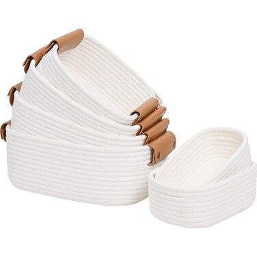 Degeyoyo Storage Baskets for Organizing Small Woven Basket Set of 64 Shelf Basket with Leather Handle and 2 Small Gift Baskets Cotton Rope Basket for Shelves Nursery Dog Toy Bathroom