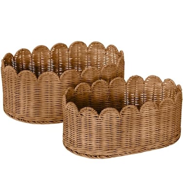 BEBE BASK Premium Scalloped Basket Set Of 2 Scallop Basket 16 x 10 x 7 Inch HandWoven Elegant Wicker With Scalloped Edge Nursery Storage Mocca