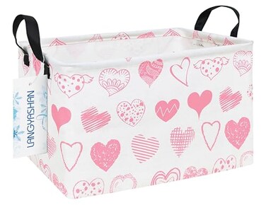 LANGYASHAN Rectangular Storage Bin Collapse Canvas Fabric Cartoon Storage Basket with Handles for Organizing Home Kitchen Boys and Girls Toys Office Closet Shelf Baskets Rec Angel Heart