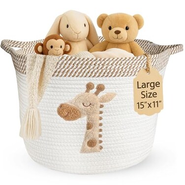 KEMINA BLANKETS Giraffe Storage Basket for Nursery Large 15x11 Cotton Rope Bin with Soft Felt Animal Patch Toy Organizer Baby Laundry Hamper Diaper Towel Holder Foldable Washable BabySafe