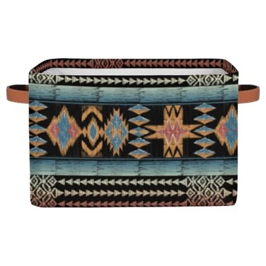 BENGRONGAE Boho Style Brown Ethnic Painted Square Storage Basket Fabric Storage Bin with Leather Handles Aztec Pattern Collapsible Storage Bin Nursery Hamper for Organizing Toys Clothes Books Gift Bas