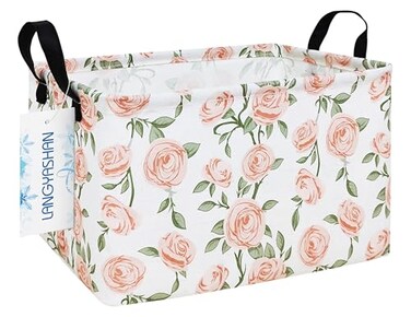 LANGYASHAN Rectangular Storage Bin Collapse Canvas Fabric Cartoon Storage Basket with Handles for Organizing Home Kitchen Boys and Girls Toys Office Closet Shelf Baskets Rec Champagne Rose