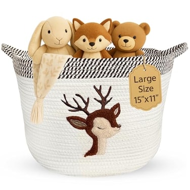 KEMINA BLANKETS Deer Storage Basket for Nursery Large 15x11 Cotton Rope Bin with Soft Felt Animal Patch Toy Organizer Baby Laundry Hamper Diaper Towel Holder Foldable Washable BabySafe