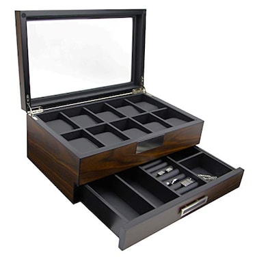 Decorebay Executive Wooden Watch Box Valet Box Sunglasses and Jewelry Box Storage Organizer Sweetheart Brown