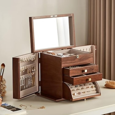 Homruilink Black Walnut Wooden Jewelry Box Wood Jewelry Organizer with 2 Side Doors Mirror Lockable Classical for Watch Necklace Ring Earring Ideal Gift4 Layer with Curved Ring Grooves