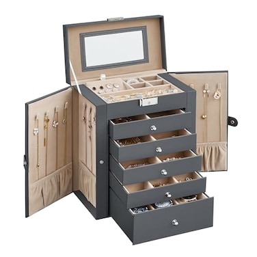 SONGMICS 6Layer Jewelry Box Organizer with 5 Drawers Jewelry Storage Case with Lock and Mirror Large Storage Capacity Gift for Loved Ones for Necklaces Watches Gray UJBC152G01