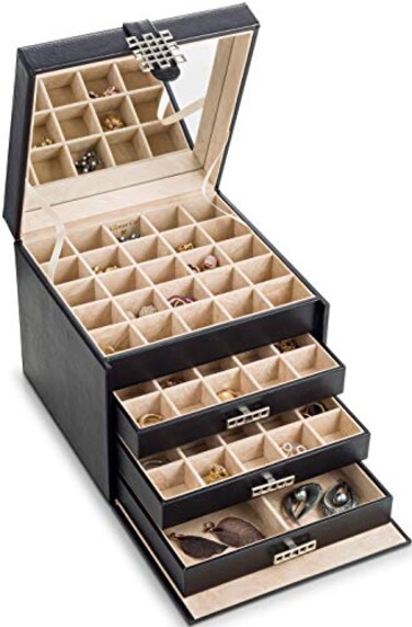 Glenor Co Earring Organizer Holder 75 Small 4 Large Slots Classic Jewelry Box with Drawer Modern Closure Mirror 4 Trays Earrings Ring or Chain Storage PU Leather Case Black