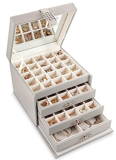 Glenor Co Earring Organizer Holder 75 Small 4 Large Slots Classic Jewelry Box with Drawer Modern Closure Mirror 4 Trays Earrings Ring or Chain Storage PU Leather Case Grey