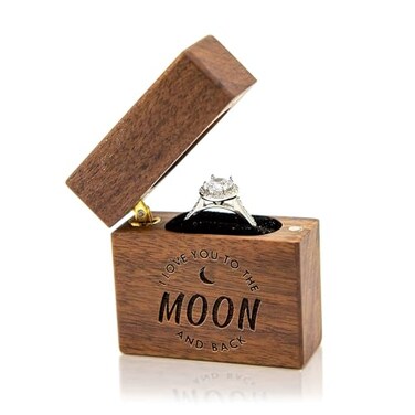 MUUJEE Slim Engagement Proposal Ring Box Engraved Wooden Ring Bearer Box for Wedding Ceremony Photo Shoot Props Secret Slim Hidden Box To The Moon Back