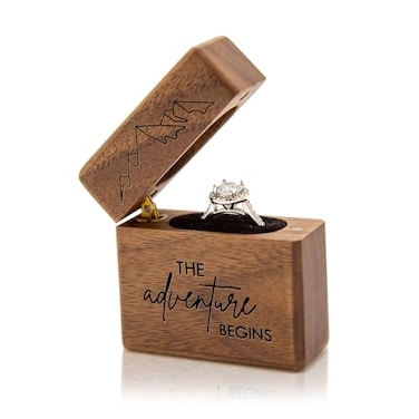 MUUJEE Slim Engagement Proposal Ring Box Engraved Wooden Ring Bearer Box for Wedding Ceremony Photo Shoot Props Secret Slim Hidden Box The Adventure Begins