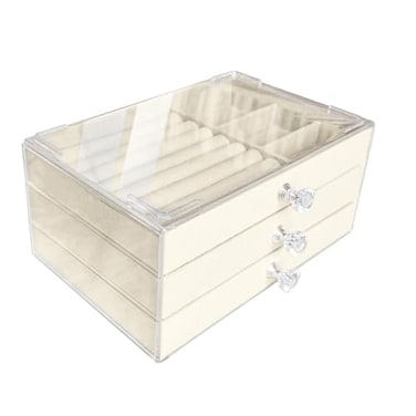 Jemjosh Clear Acrylic Velvet Jewelry Organizer with 3 Drawers Stackable Display Storage Earrings Necklace Rings Bracelets Box Holder Case for Women Beige