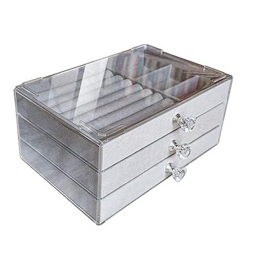 Jemjosh Clear Acrylic Velvet Jewelry Organizer with 3 Drawers Stackable Display Storage Earrings Necklace Rings Bracelets Box Holder Case for Women Grey