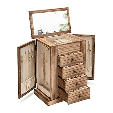 Emfogo Jewelry Box for Women 5 Layer Large Wood Boxes Organizers for Necklaces Earrings Rings Bracelets Rustic Organizer with Drawers and MirrorCarbonized Black