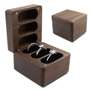 DSHOM Rustic Black Walnut Wooden Engagement Wedding Ring Bearer Box Solid Wood Square Ring Box for 3 Rings Soft Velvet Slots Wedding Ceremony Women Mens Ring Box