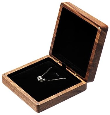 COSISO Walnut Wood Pendant Necklace Box Jewelry Storage Display Case For Wedding Romantic Proposal Engagement Birthday Anniversary Valentines Day Christmas Black Inner
