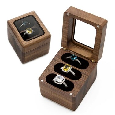 MUUJEE Wood 3 Slot Ring Box Glass Lid Wedding Ceremony Ring Bearer Box Walnut Wood with Clear Lid Proposal Engagement Ring Storage for Three Slots 225 x 2 x 2