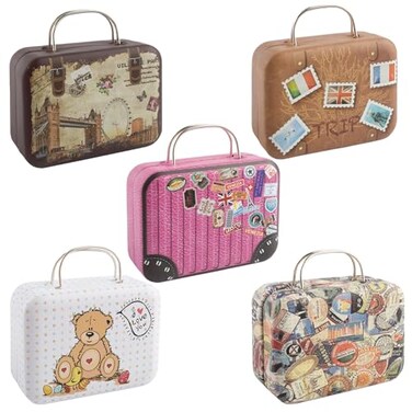 Framendino 5 Pack Mini Suitcase Boxes Small Cartoon Tin Rectangular Handbag Jewelry Coin Container for Party Wedding Decorations