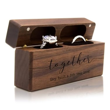 MUUJEE Together Wide Double Ring Box Engraved Slim Wooden Ring Case Box for Wedding Ceremony Engagement Proposal Ring Bearer Box Anniversary Birthday Gift Ideas Together