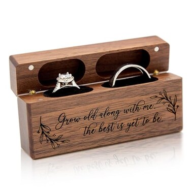 MUUJEE Double Ring Box Engraved Slim Wooden Ring Case Box for Wedding Ceremony Engagement Proposal Ring Bearer Box for 2 Rings Christmas Gift Ideas Grow Old With Me