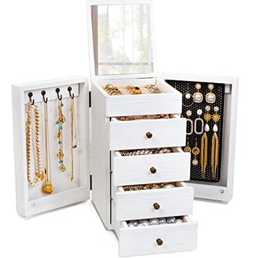 Meangood Jewelry Box Wood for Wowen 5Layer Large Organizer Box with Mirror 4 Drawers for Rings Earrings Necklaces White