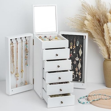Meangood White Jewelry Box Wood for Women 6Layer Large Organizer Box with Mirror 5 Drawers for Rings Earrings Necklaces White