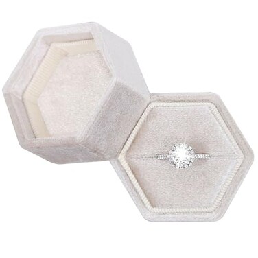 BLUTETE Hexagon Velvet Jewelry Single Slot Ring Box Engagement Wedding Box Keepsake Box Bridal Photo Ring Beige