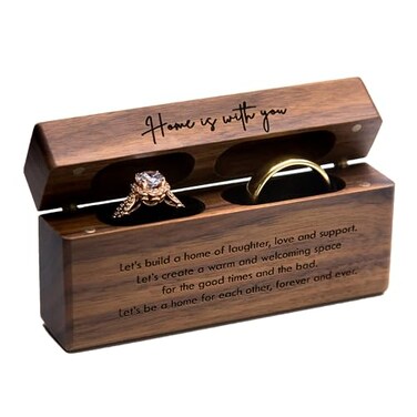 MUUJEE Double Ring Box Engraved Slim Wooden Ring Case Box for Wedding Ceremony Engagement Proposal Ring Bearer Box Anniversary Birthday Gift Ideas Home Is With You