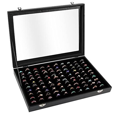 Bivisen Ring Display Case Organizer Box with Transparent Lid 100 Slots Ring Storage Display Box Case Tray Holder PU Leather Black