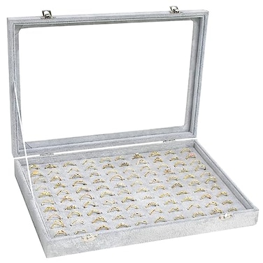 Bivisen Ring Display Case Organizer Box with Transparent Lid 100 Slot Ring Organizer Holder Showcase For Store Display Jewelry Show Home Grey