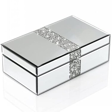 QMDECOR Luxury Middle Silver Bling Crushed Diamond Glass Mirrored Jewelry Box Women Jewelry Organizer Storage Box For Gift