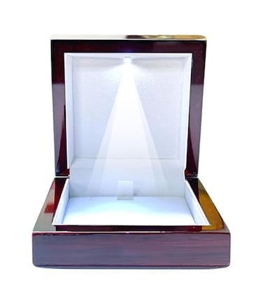 Cokos Box Necklace Box with LED Light Small Jewelry Display Case for Bracelet Earrings or Chains Luxury Lighted Wooden Presentation Box for Gifts DIY Crafts Mahogany White Interior