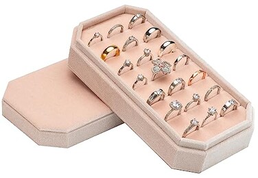 COWFEX Velvet Ring Organizer Display Tray Jewelry Box Earring Holder Case for Wedding Birthday Christmas Day Light Pink