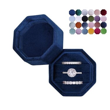 BLUTETE Velvet 3 Slots Jewelry Ring Box Engagement Wedding Box Keepsake Box Bridal Photo Ring Triple Slots Octagon Navy Blue