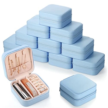 Canlierr Small Travel Jewelry PU Leather Boxes Bulk Bridesmaid Proposal Gift Boxes Portable Jewelry Case Organizer for WomenLight Blue12 Pcs