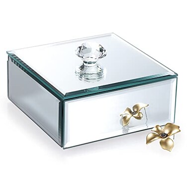 Hipiwe Silver Glass Mirrored Jewelry Box with Crystal Handle Square Trinket Organizer Treasure Chest Case Classic Keepsake Box for Storage Rings Earrings Necklace Bracele Small Silver