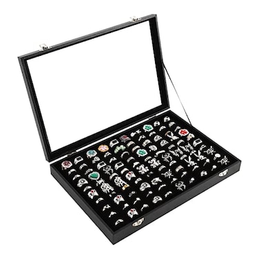 Pengup 100 Slots Ring Case Organizer Display BoxRings Holder Storage Boxes for Jewelry Showcase with Glass Lid Black Velvet