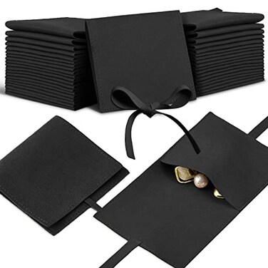 Lothee 40 Pcs Microfiber Jewelry Pouch 8x8 cm Jewelry Packaging Luxury Small Gift Bags Bow Tie Microfiber Bag for Bracelet Necklace PackagingEnvelope Style with String and DividerBlack