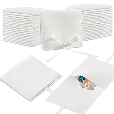 Lothee 40 Pcs Microfiber Jewelry Pouch 8x8 cm Jewelry Packaging Luxury Small Gift Bags Bow Tie Microfiber Bag for Bracelet Necklace PackagingEnvelope Style with String and DividerWhite