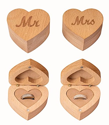 Strova Heart Shaped Wooden Ring Box for Wedding Rings Set of 2 with Engraved Mr Mrs Lettering Ring Bearer Box for Display or Personal Organizer Protective Ring Cushions and Magnetic Closure