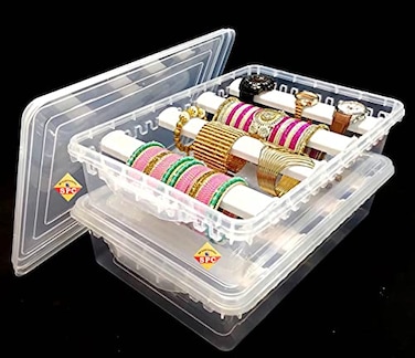 SPC Plastic adjustable 4 rod Bangle Box Chudi Set Organizer Jewellery Storage Display Box for Bangles Chudi Bracelet Wrist Watch Hair Bands Scrunchies Accessories Transparent 2