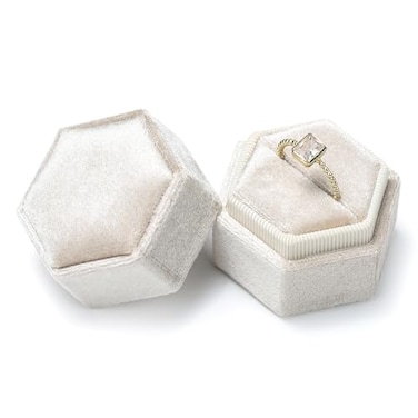 Etercycle Velvet Ring Box Vintage Hexagon Premium Jewelry Display Holder Gift Box with Detachable Lid for Wedding Ceremony Proposal Engagement Beige 1 Slot