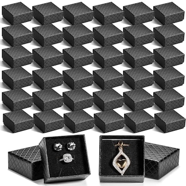 Landical 100 Pcs Jewelry Ring Gift Box 2 x 2 x 1 Cardboard Earring Ring Boxes Small Black Gift Box with Velvet and Sponge Liner Pendant Case Bulk for Necklace Bracelet Earring Display Wedding