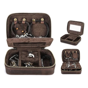 CONTACTS Full Grain Leather Jewelry Box for Men Travel Jewelry Organizer by Handmade Zipper Jewelry Cufflinks Ring Necklace Bracelet Storage Case with Mirror Rectangularmirror Coffee