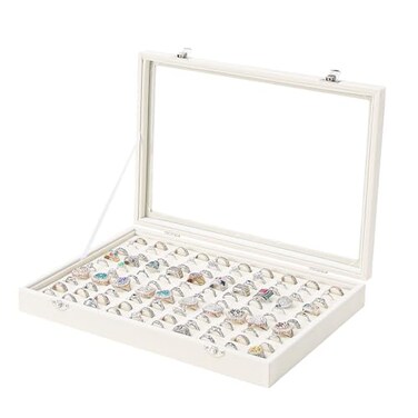 Coward Ring Organizer Jewelry Box Beige Velvet 100 Slots Ring Display Tray Case with Transparent Glass Lid for Home Use or Store Selling Show