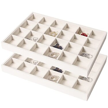 Coward 2PC Stackable 24 Gird Jewelry Organizer Tray Necklace Earring Box Storage Drawer Ring Bracelet Display Holder beige24grid24grid
