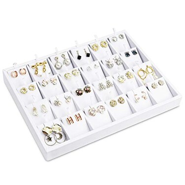 MOOCA Premium White Leatherette Horizontal Earring Cards Display Tray with 24 Earring Cards Showcase Display for Jewelry Pendant Collection 10 14 W x 7 12 D x 1 H in
