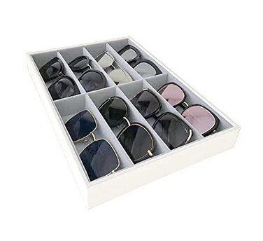 Svea Display Premium Quality Sunglasses Eyewear 8Slot Large Tray Organizer Display White PU Leather Exterior Soft Velvet Liner Light Grey